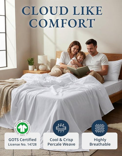 LANE LINEN 100% Organic Cotton Full Sheet Set - Soft, Fade Resistant, Naturally Cooling Bedding | Blue Ticking Stripe