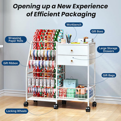 TC-HOMENY Wrapping Paper Organizer - Mobile Gift Wrap Rack with 2 Large Drawers & Ribbon Storage