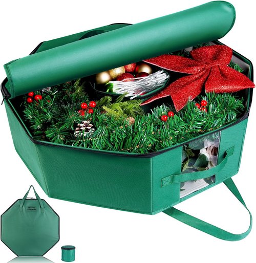 BrilliantJo Wreath Storage Bag - Hard Shell Christmas Decorations Case with Pockets | 24-Inch Green 600D Oxford Fabric