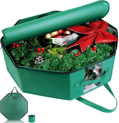 BrilliantJo Wreath Storage Bag - Hard Shell Christmas Decorations Case with Pockets | 24-Inch Green 600D Oxford Fabric