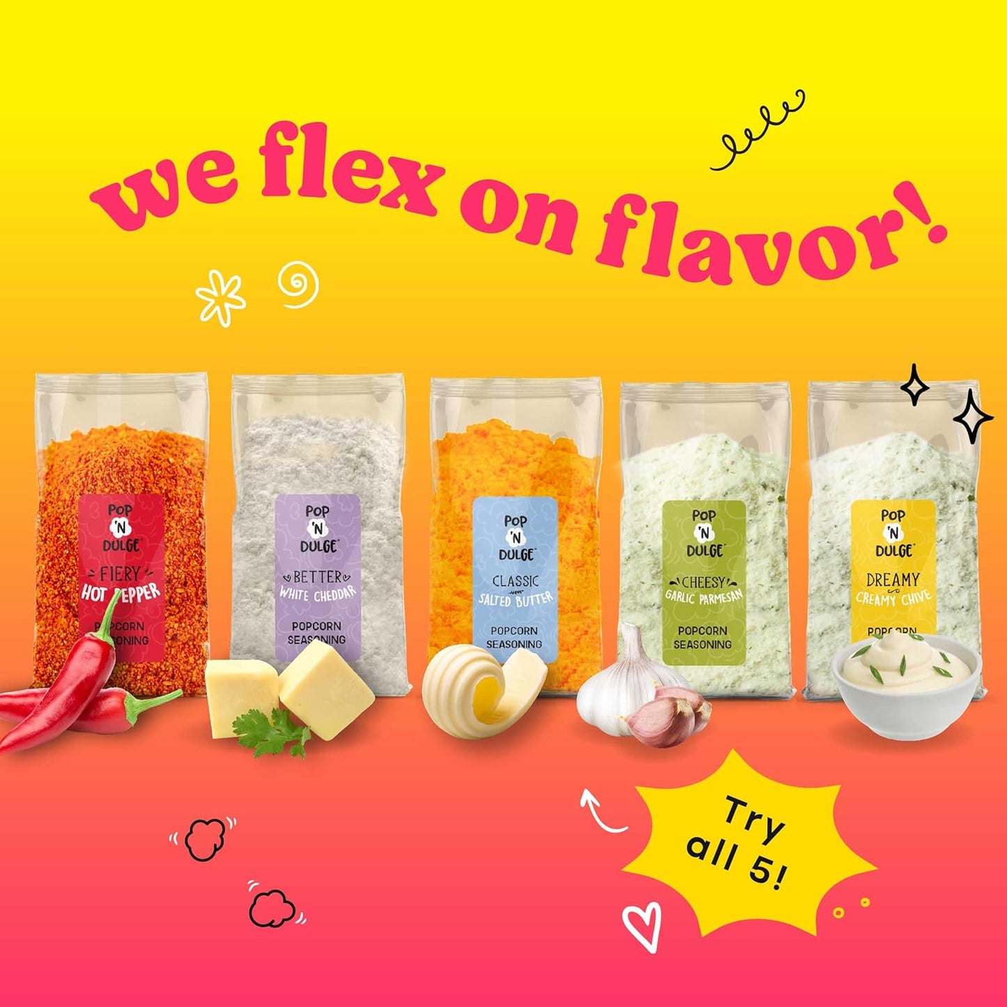 Pop n' Dulge Gourmet Popcorn Gift Set - 16 Pcs with 5 Flavors & Seasonings | Perfect Movie Night Snacks