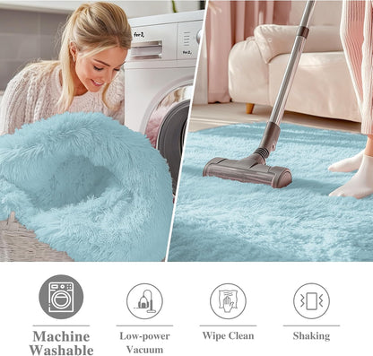OLANLY Light Blue Round Area Rug - Soft, Fluffy, Machine Washable 2 ft Circle Carpet for Bedroom & Nursery Decor