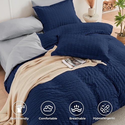 HYMOKEGE Queen Comforter Set - Luxury 7-Piece Bedding in Navy Blue & Light Grey | All-Season Seersucker Design