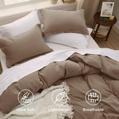 Bedsure Coffee Duvet Cover Queen Size - 3 Pieces Prewashed Cotton-Like Polyester Extra Soft Bedding Set, Includes 1 Duvet Cover 90x90 Inches with Zipper Closure & 2 Pillow Shams, No Comforter