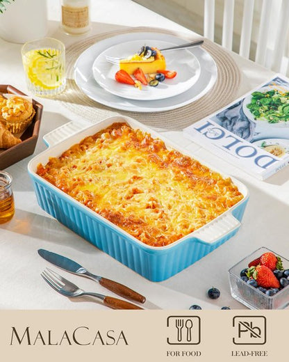 MALACASA 4.4 QT Baking Dish - Durable Ceramic Casserole Pan for Oven | 9x13 Lasagna Dish in Blue