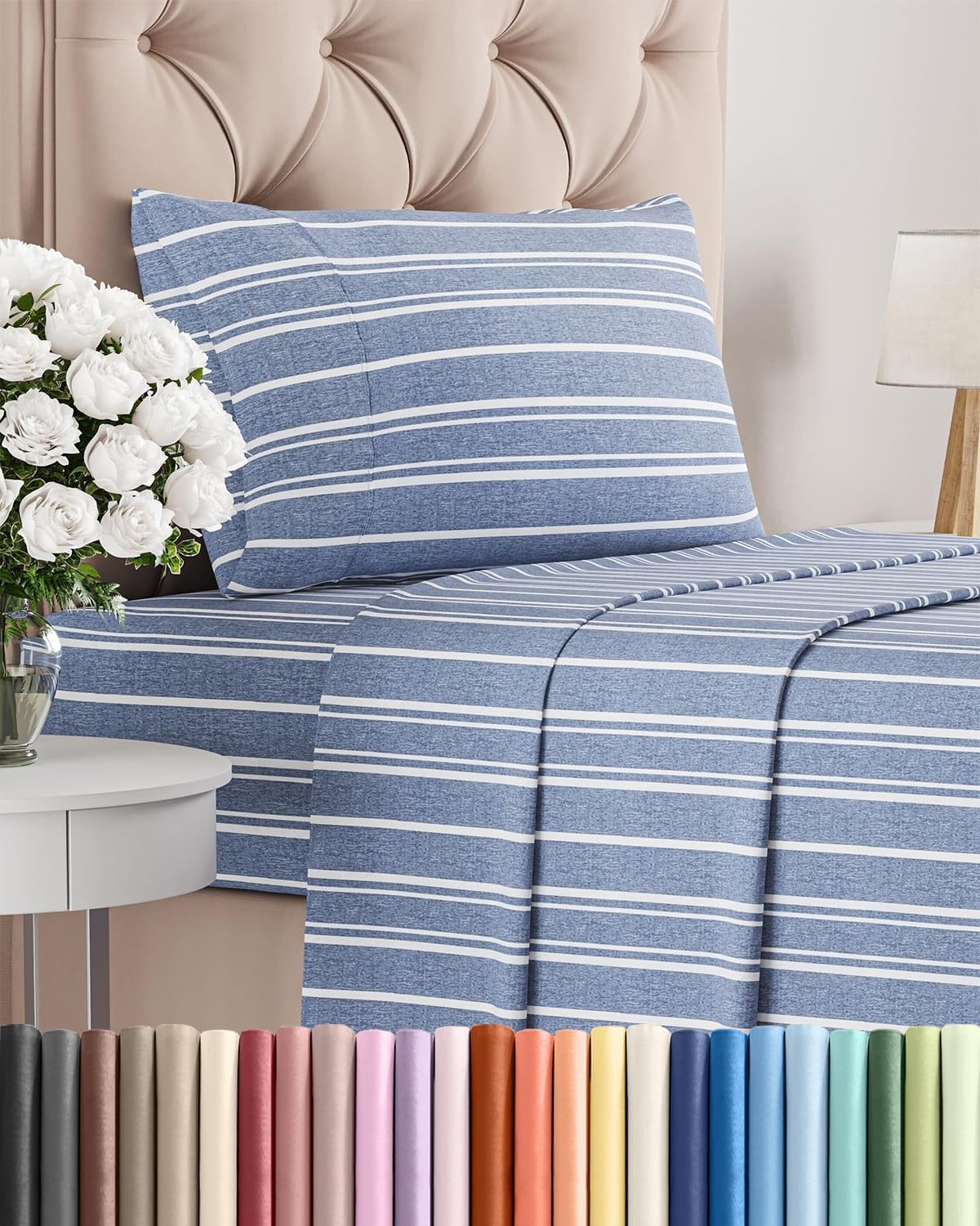 Skiennix Twin Size Sheet Set - Comfy Cooling Bed Sheets - Luxury Hotel Quality - Deep Pockets, Soft, Wrinkle-Free - Blue Stripes