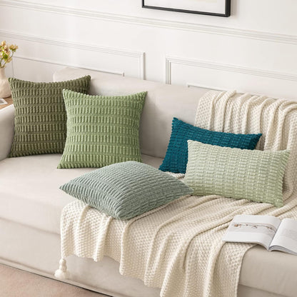 MIULEE Decorative Throw Pillow Covers - Soft Boho Striped Corduroy | 18x18 Inch Olive Green, Pack of 2