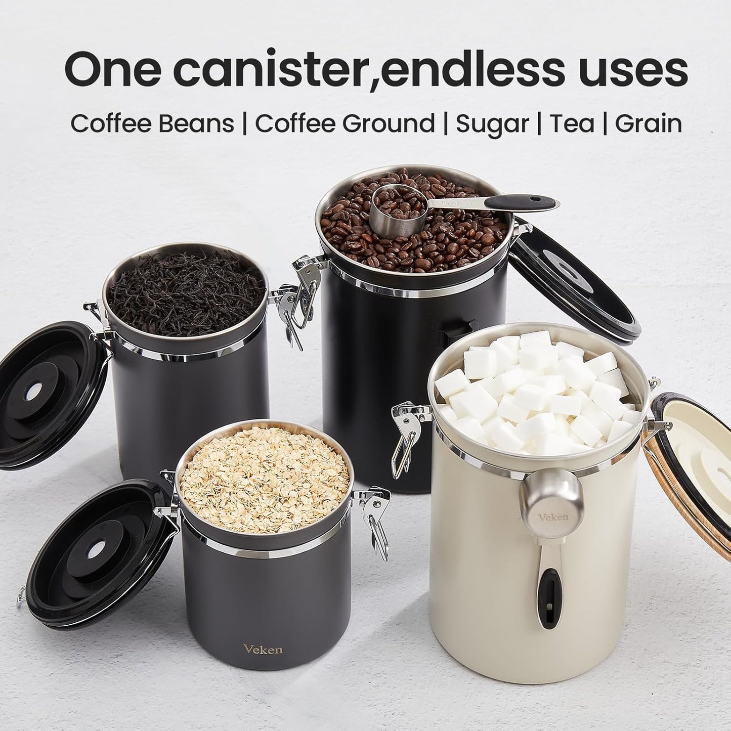 Veken Coffee Canister - Airtight Stainless Steel Storage Container with Date Tracker & Scoop | 22oz Gray