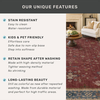 Regine Switzerland 6x8 Vintage Burgundy Dining Room Rug - Machine Washable Boho Carpet for Living Room