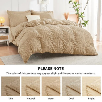 HYMOKEGE Khaki Twin XL Comforter Set Seersucker 5 Pieces, All Season Luxury Bed in a Bag for Bedroom, Bedding Set with Comforter, Sheets, Pillowcase & Sham