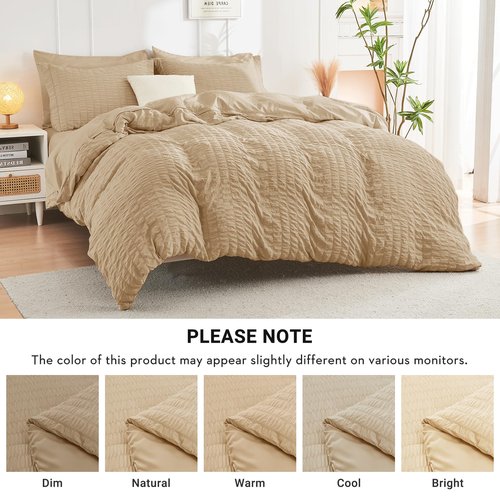 HYMOKEGE Khaki Full Size Comforter Sets Seersucker 7 Pieces, All Season Luxury Bed in a Bag for Bedroom, Bedding Set with Comforter, Sheets, Pillowcases & Shams