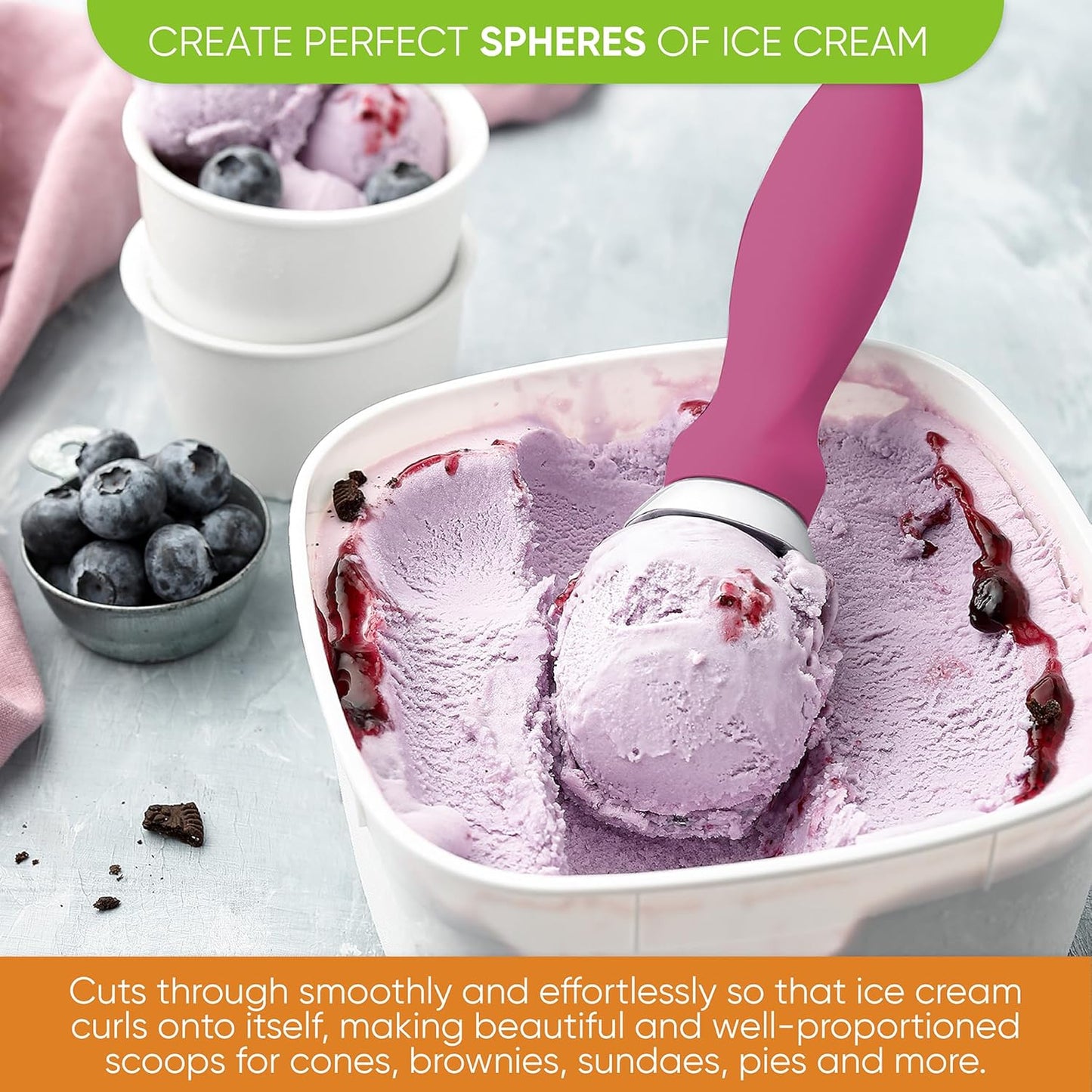 Spring Chef Heavy Duty Ice Cream Scoop - Non-Slip Handle for Gelato, Sorbet & Sundae - Magenta