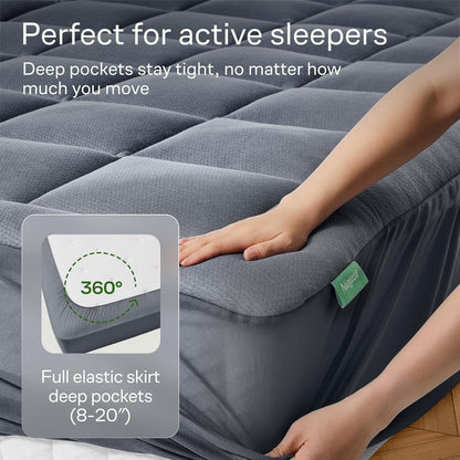 Skiennix Ultra Soft Queen Size Mattress Topper - Bamboo Viscose Pillow Top for Back Pain Relief - Naturally Cooling, Gray