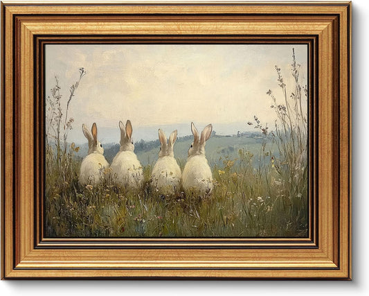 Skiennix Vintage Gold Framed 3D Textured Wall Art - Easter Rabbits in Meadow Oil Painting | 9x11in Cottagecore Decor