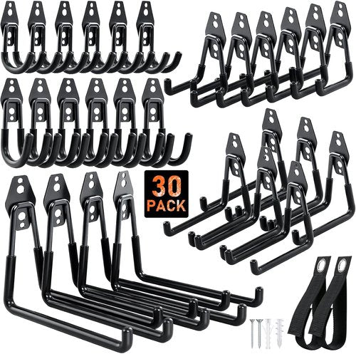 Housolution Garage Hooks - Heavy Duty Anti-Slip Wall Mount for Bikes & Tools | 30-Pack, Black