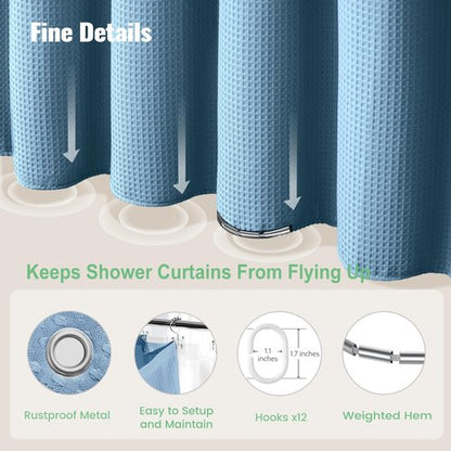 Dynamene Long Shower Curtain and Liner Set - 78 inch Tall Waffle Fabric, Waterproof Clear Liner, Heavy Duty Weighted Hotel Luxury Shower Curtains for Bathroom, 12 Hooks, 72x78, Moonlight Blue