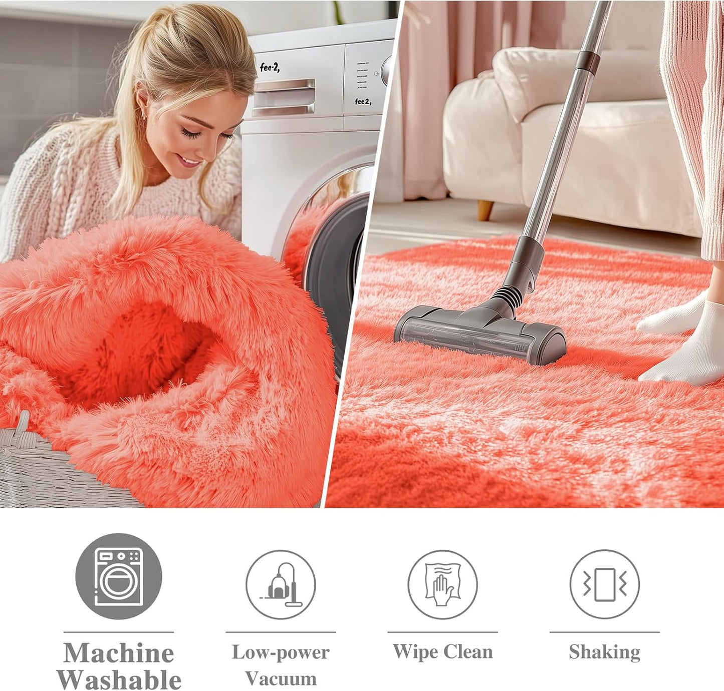 OLANLY Round Coral Red Area Rug - Soft, Fluffy, Machine Washable 4 ft Circle Carpet for Bedroom & Living Room Decor