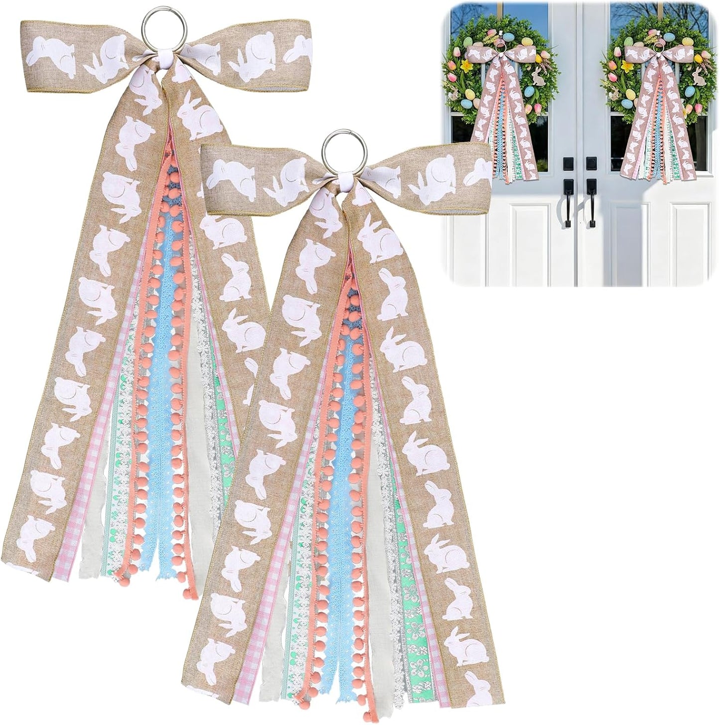 Suncalla Easter Ribbon Bows - Large Rabbit Decorations for Wreaths & Front Doors | 2 Pcs Set