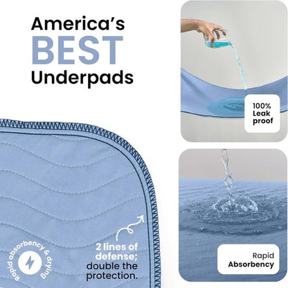 IMPROVIA® Washable Underpads - Heavy Absorbency Reusable Incontinence Pads for Kids & Adults | Blue, 18"x24" (Pack of 4)