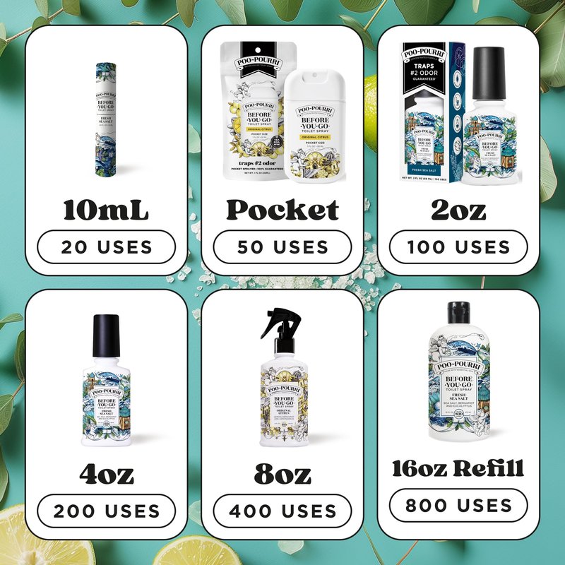 Poo-Pourri Before-You-Go Toilet Spray, Fresh Sea Salt, 4 Fl Oz, Up to 200 Uses, Bathroom Odor Deodorizer, Plant-Based with Essential Oils, for Home or Work, Sea Salt, Bergamot & Eucalyptus Scent