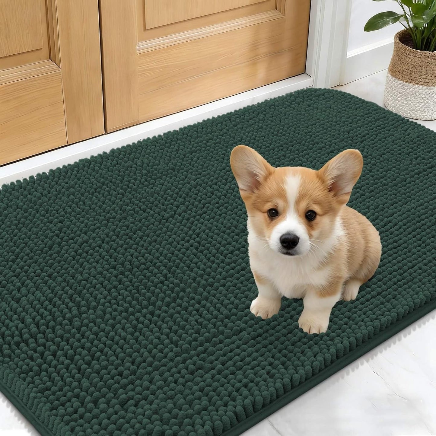OLANLY Dog Door Mat - Absorbent Non-Slip Chenille Mat for Muddy Paws | 30x17 Inches, Blackish Green