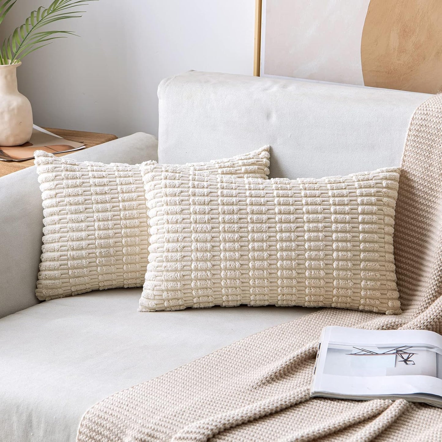 MIULEE Corduroy Lumbar Throw Pillow Covers - Soft Boho Striped Design | 22x14 Inch Cream White for Modern Home Decor