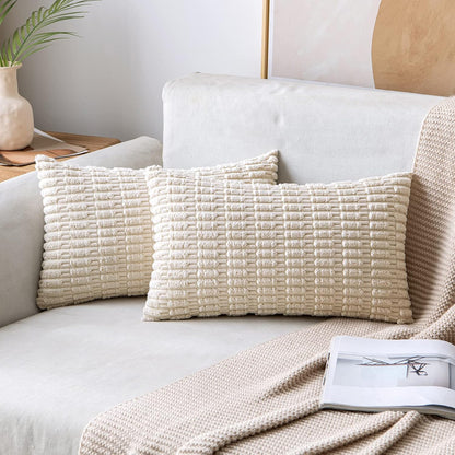 MIULEE Corduroy Lumbar Throw Pillow Covers - Soft Boho Striped Design | 20x12 Inch Cream White for Modern Home Decor