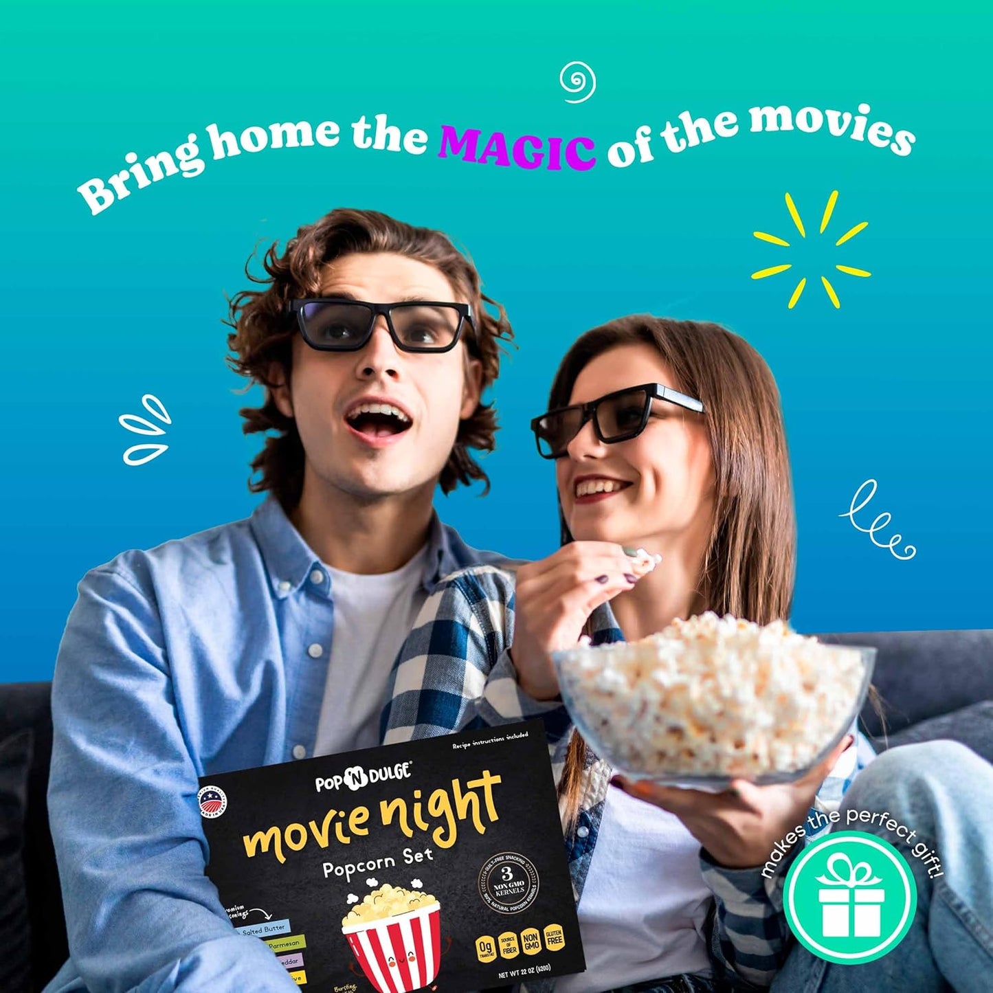 Pop n' Dulge Gourmet Popcorn Gift Set - 16 Pcs with 5 Flavors & Seasonings | Perfect Movie Night Snacks