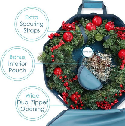 Hearth & Harbor Christmas Wreath Storage Organizer Box - Premium Hard Shell with Dual Zipper & Pockets | 24" Blue