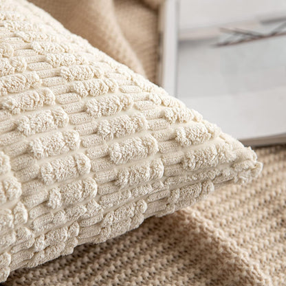MIULEE Corduroy Throw Pillow Covers - Soft Boho Striped Design | 12x12 Inch Cream White for Modern Home Decor