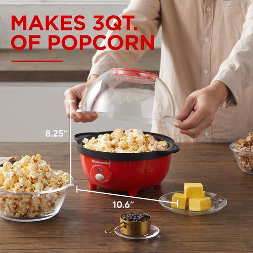 Elite Gourmet Automatic Stirring Popcorn Maker - 12-Cup Nonstick Ceramic Design, Red | Perfect for Home Parties