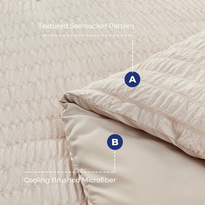 HYMOKEGE Beige Oversized Queen Comforter Set Seersucker 7 Pieces, All Season Luxury Bed in a Bag for Bedroom, Bedding Set with Comforter, Sheets, Pillowcases & Shams