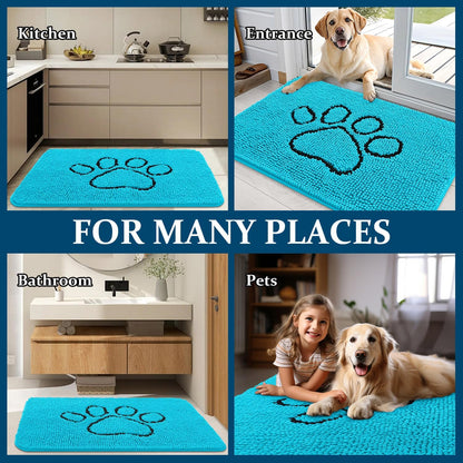 OLANLY Dog Door Mat - Absorbent Non-Slip Mud Mat for Muddy Paws | 36x24 Aqua Blue Chenille Design
