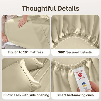 California Design Den 100% Cotton Cal King Bed Sheets Set - Silky Smooth Sateen, 400 TC, Deep Pockets, Beige