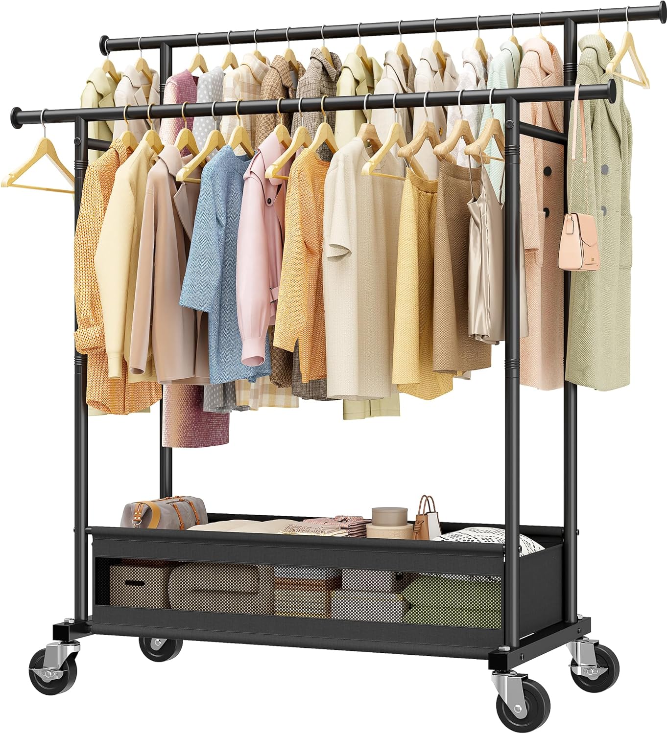 Skiennix Double Rod Clothing Rack - Heavy Duty Rolling Garment Rack with Storage Basket | Black