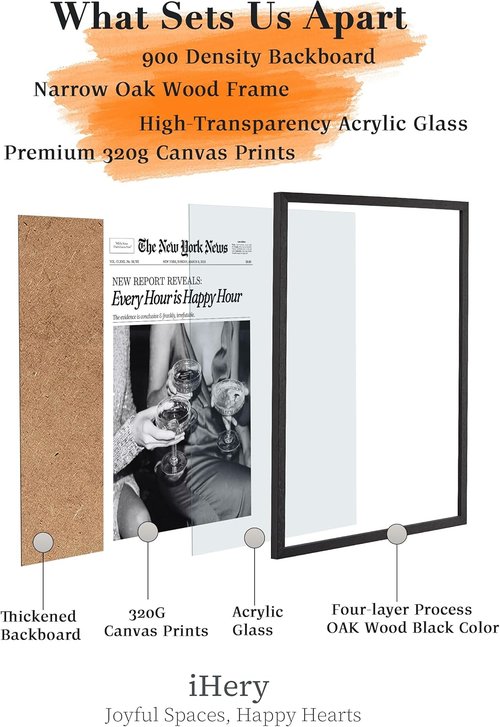 iHery Premium Framed Wall Art - Natural Black Oak 12x16in Retro Aesthetic Canvas Decor | Perfect for Girly Dorms & Living Rooms