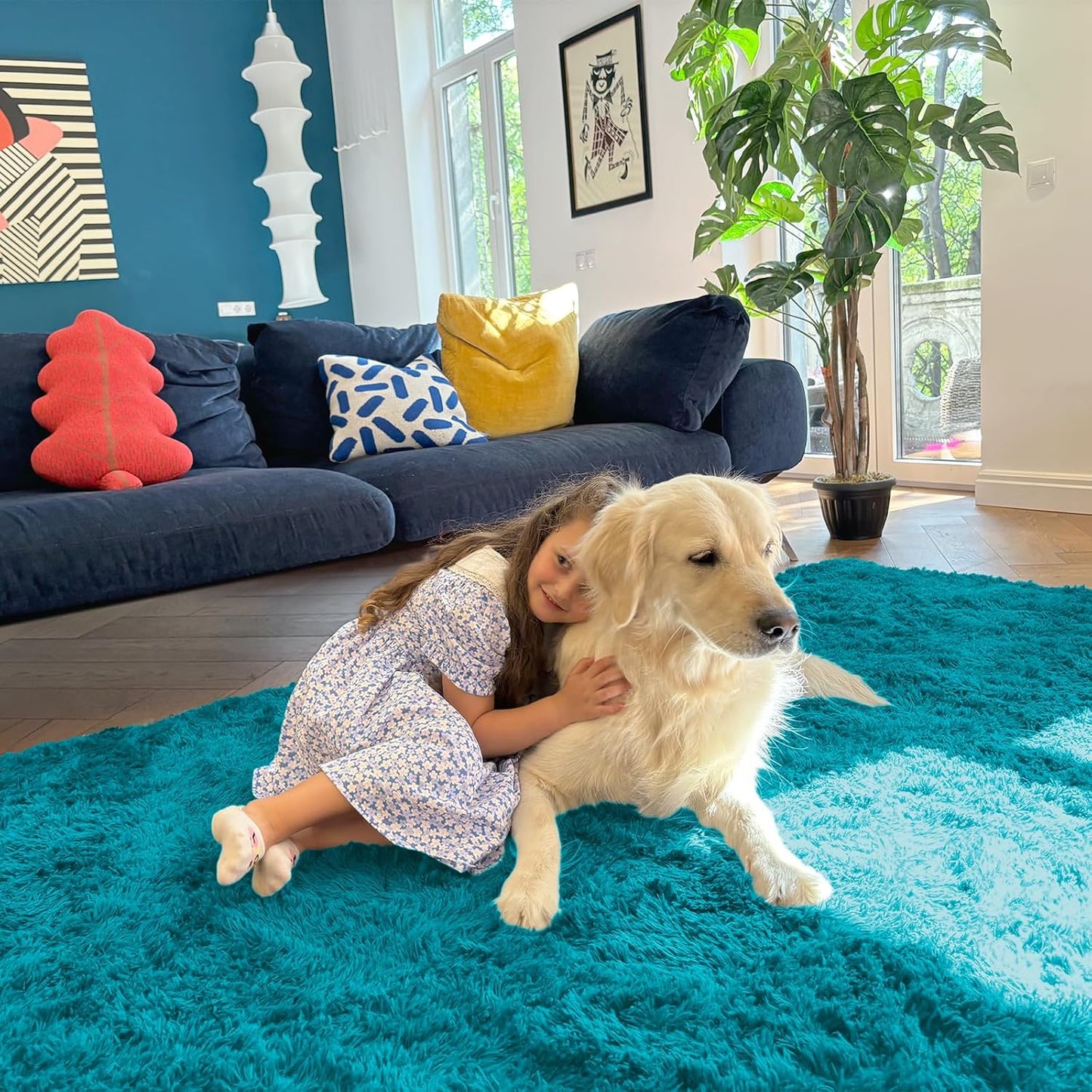 OLANLY Large Area Rug - Soft Fluffy Shaggy Carpet for Living Room & Bedroom | 9x12 Teal Design