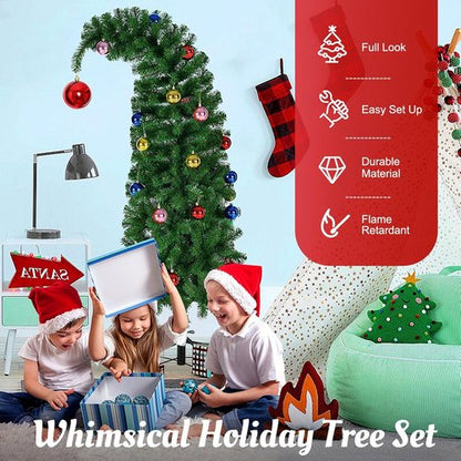 Hatisan 5FT Artificial Christmas Tree - Bent Green Design with Ball Ornaments & Metal Base | Holiday Decor