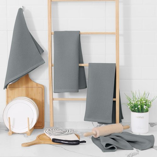 Homaxy 100% Cotton Waffle Weave Dish Towels - Ultra Soft & Absorbent | Quick Drying, 13 x 28 Inches, 8-Pack, Grey