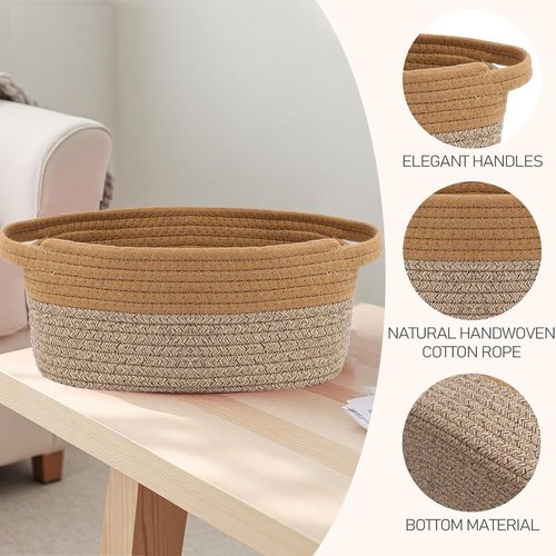 JMvicyroam Woven Basket - Small Rope Storage Bin with Handles for Organizing Shelves & Closets | Jute & Brown