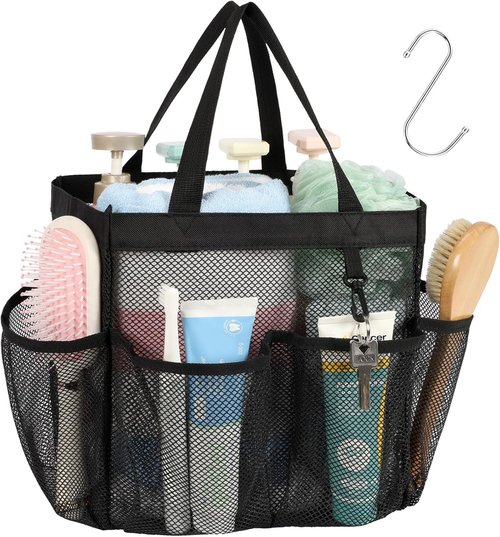 F-color Mesh Shower Caddy - Portable 8-Pocket Quick Dry Organizer for College Dorms & Travel | Black