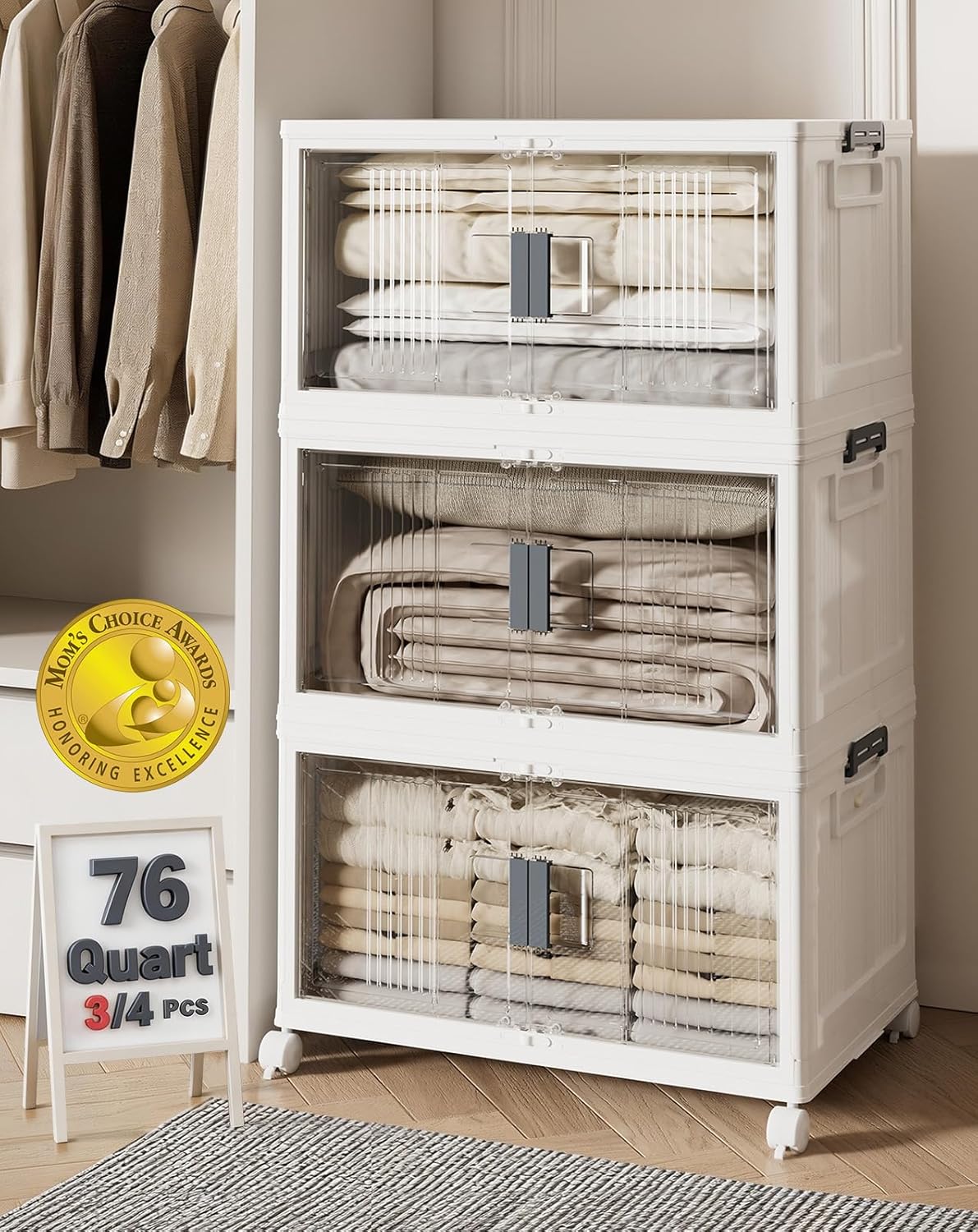 OlarHike 76QT Lockable Storage Bins - Collapsible Plastic Organizer with Lids & Wheels | 3-Pack for Closets & Office