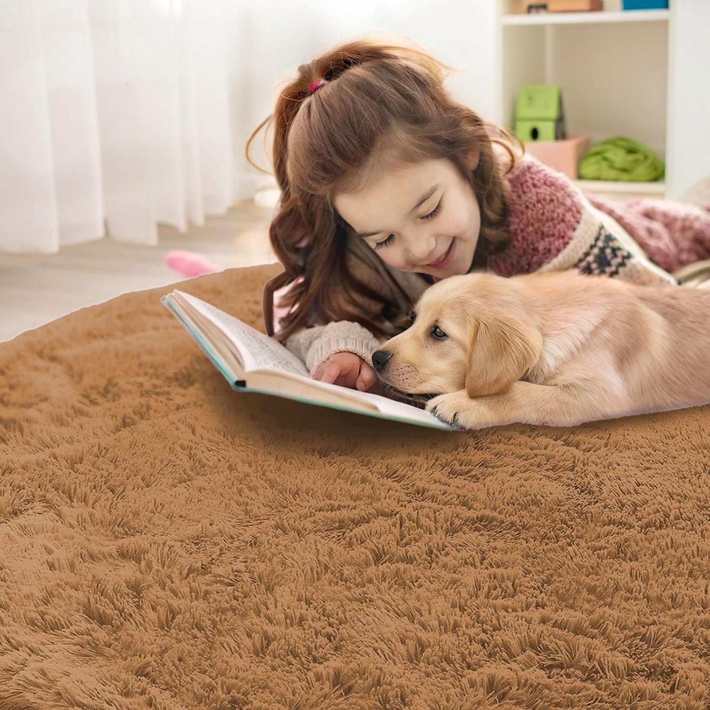 OLANLY Round Khaki Area Rug - Soft, Fluffy, Machine Washable 2 ft Circle Carpet for Bedroom & Nursery Decor