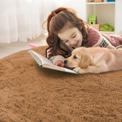 OLANLY Khaki Round Rugs for Bedroom - Machine Washable, 4 ft Circle Area Rugs for Living Room, Soft and Fluffy Shaggy Carpet for Teen Girl and Boys, Nursery Rooms, Dorms, Home Decor Aesthetic