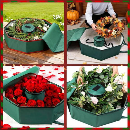 BrilliantJo Wreath Storage Bag - Hard Shell Christmas Decorations Case with Pockets | 24-Inch Green 600D Oxford Fabric