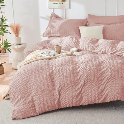 HYMOKEGE Rose Gold Comforter Set - Luxurious 7-Piece All-Season Bedding in Seersucker Design