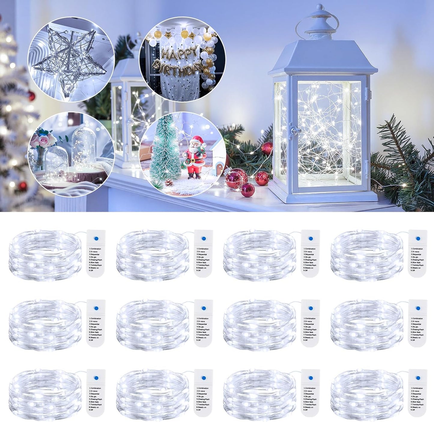 Minetom 12 Pack Battery Operated Fairy String Lights - 8 Modes, 7ft, 20 LED Waterproof Silver Wire for DIY Decor