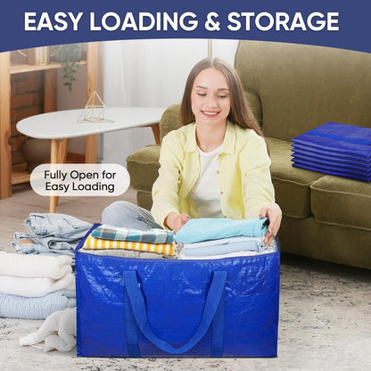 TICONN Extra Large Heavy-Duty Moving Bags - Durable Storage with Zippers & Handles | 6 Pack, Blue