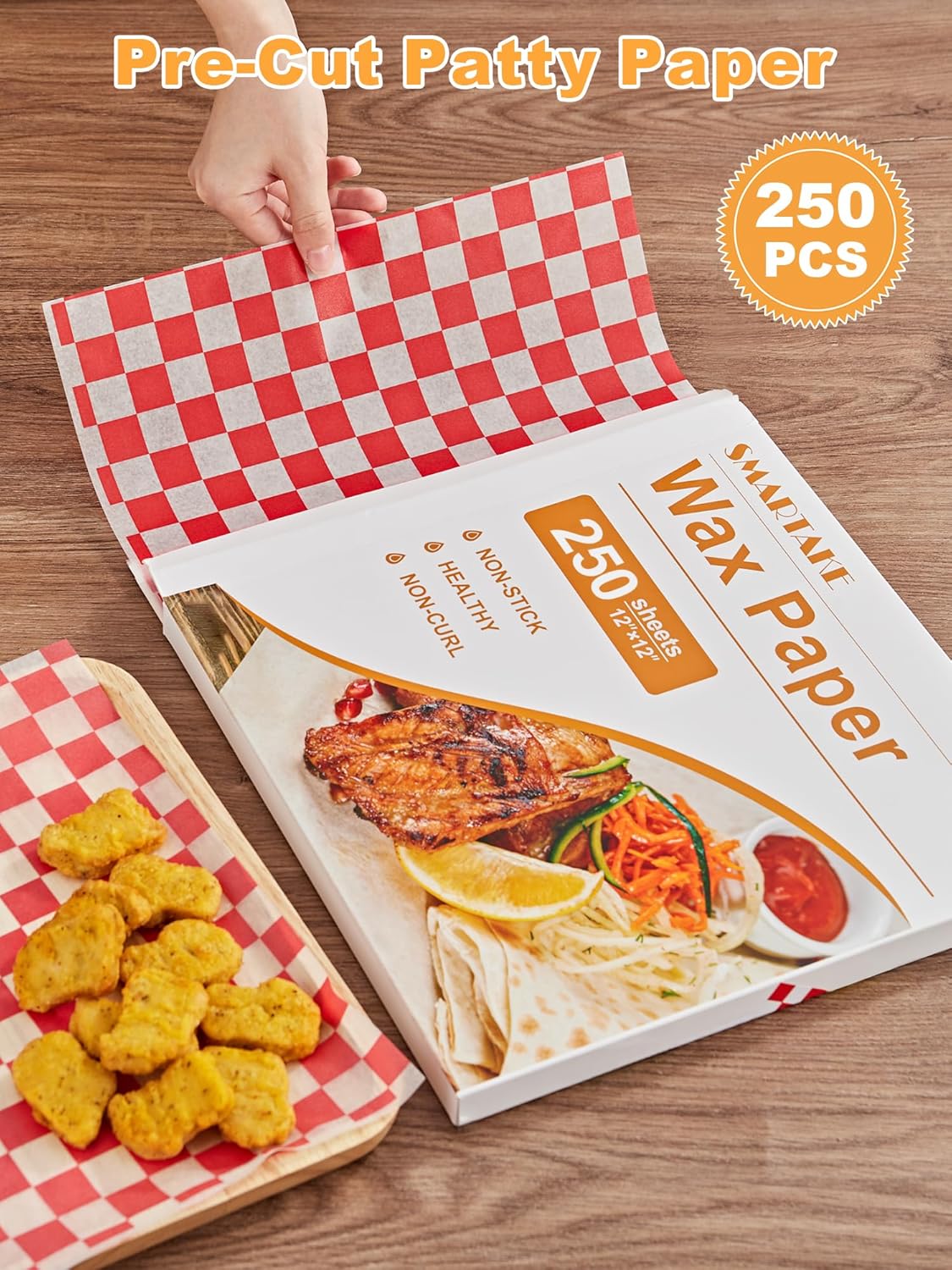 SMARTAKE 12x12 Inches Non-Stick Wax Paper - 250 Pcs Red Plaid Hamburger Patty & Sandwich Separators