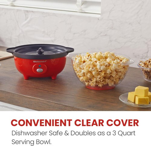 Elite Gourmet Automatic Stirring Popcorn Maker - 12-Cup Nonstick Ceramic Design, Red